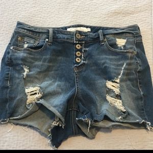 High Waisted Button Fly Distressed Denim Shorts